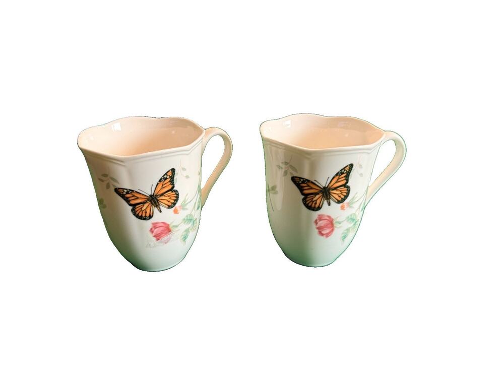 Lenox Monarch Butterfly Coffee Mugs Set of 2 Floral Porcelain Tea Cups